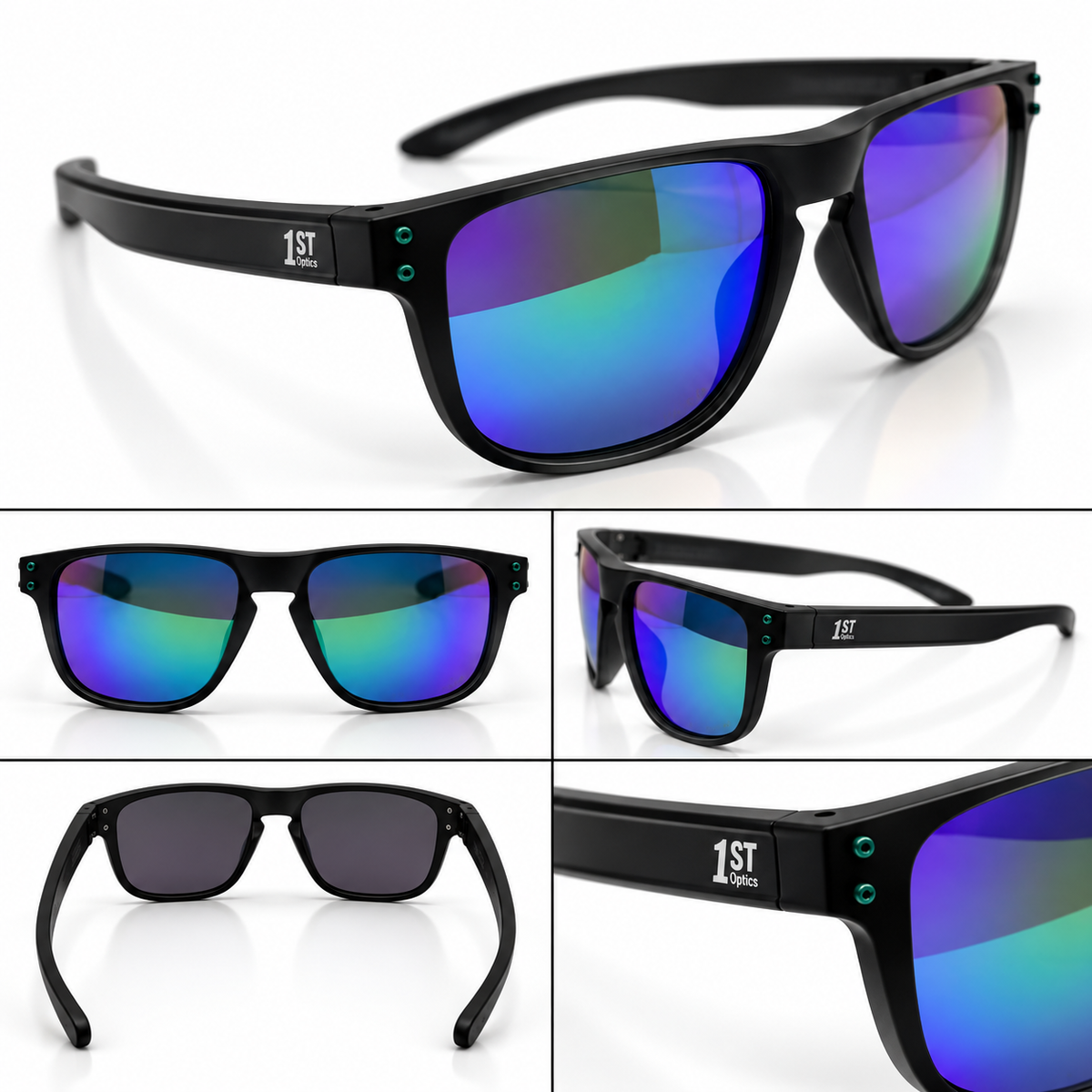 1ST Optics Podium Sunglasses- Matte Black, Blue Green