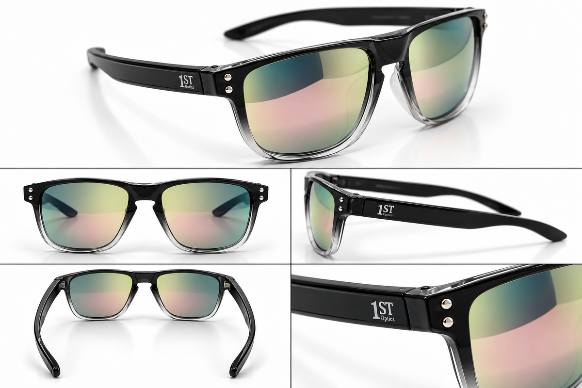 1ST Optics Podium Sunglasses- Black Transparent, Pink Green